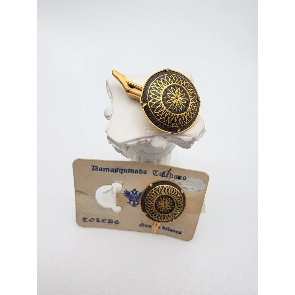 Vintage TOLEDO Cufflinks 24k Yellow Gold Spain Damasquinado Toledano Diamond Cut